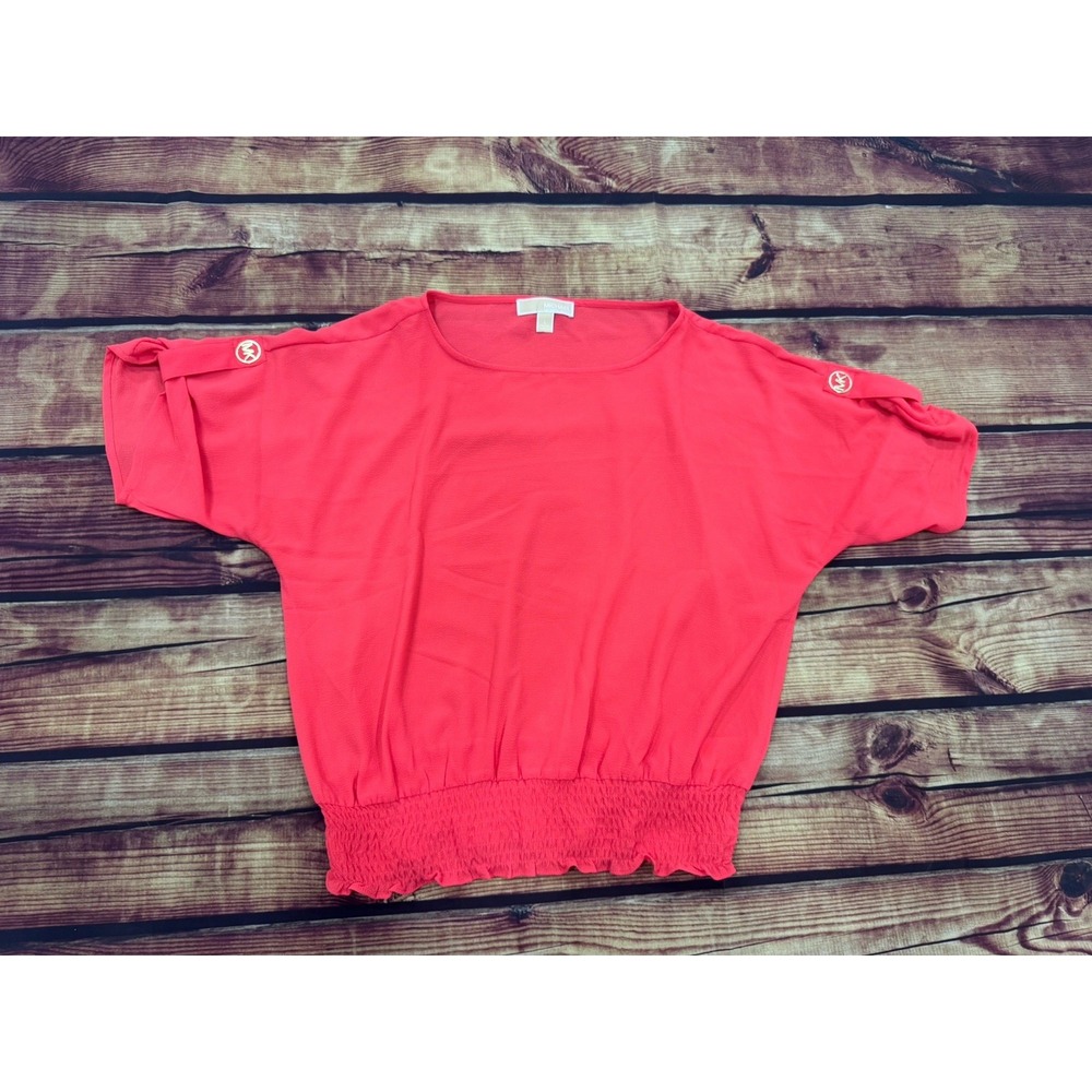 Michael Michael Kors Pink/Orange Solid Round Neck Short Sleeve Logo Top L